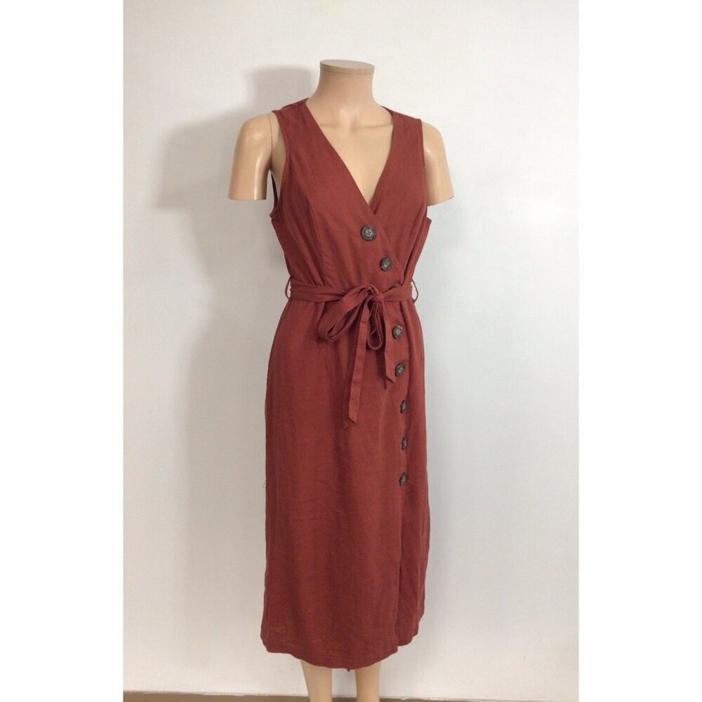 New Look Rust Button-Detail Wrap Midi Dress
